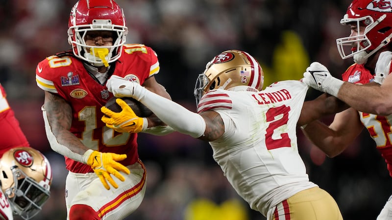 FILE - Kansas City Chiefs running back Isiah Pacheco (10) runs the ball past San Francisco...