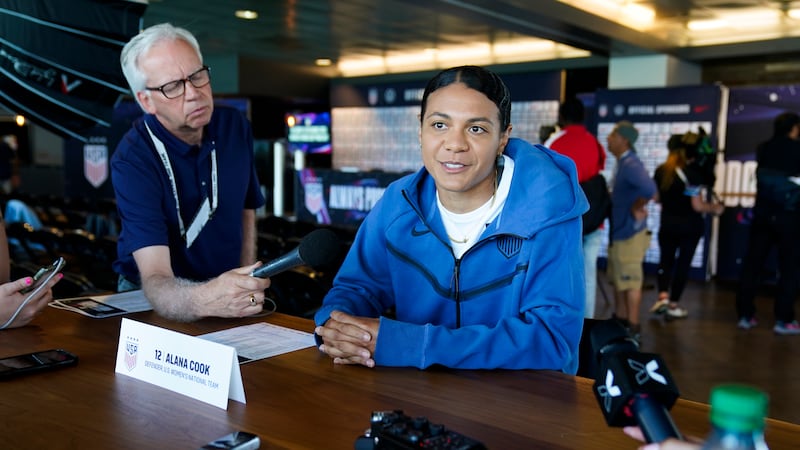 Alana Cook speaks to reporters during the 2023 Women's World Cup media day for the United...