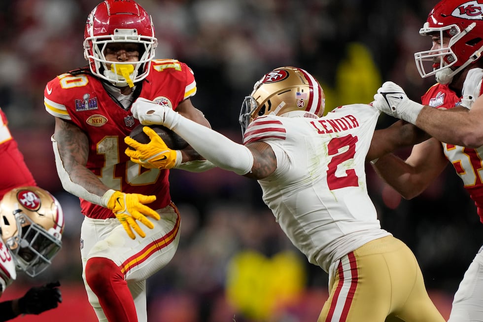 FILE - Kansas City Chiefs running back Isiah Pacheco (10) runs the ball past San Francisco...