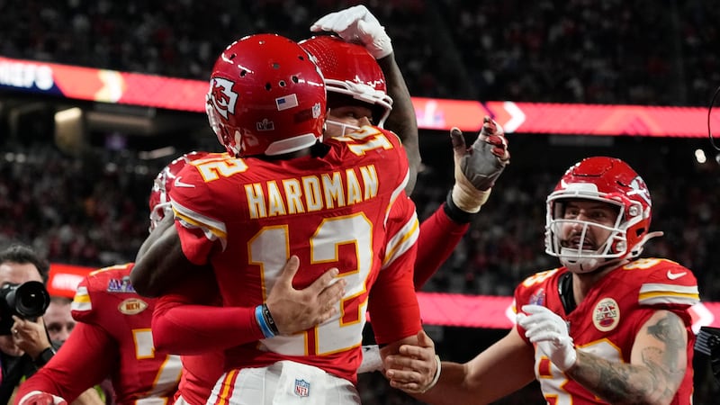 Kansas City Chiefs wide receiver Mecole Hardman Jr. (12) celebrates his game-winning touchdown...
