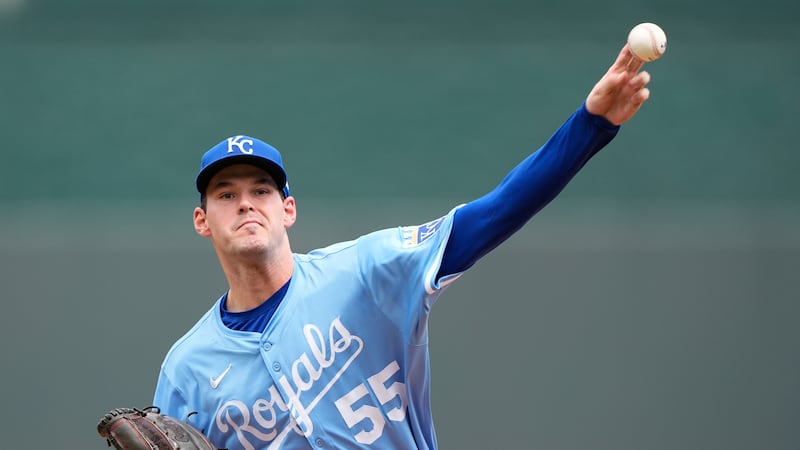 Kansas City Royals starting pitcher Cole Ragans throws during the first inning of the first...