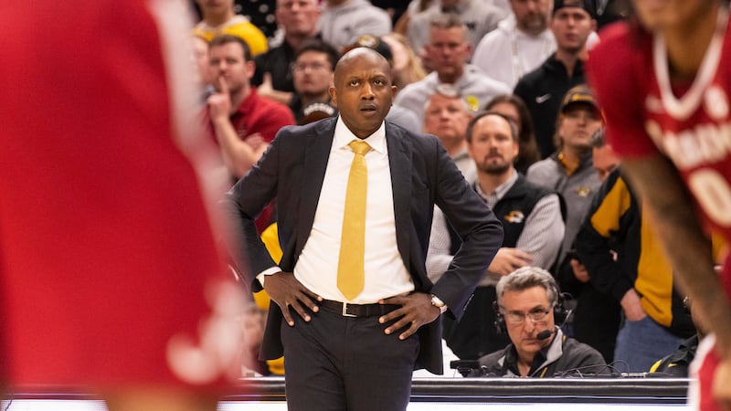 Missouri head coach Dennis Gates watches his team play Alabama during the second half of an...