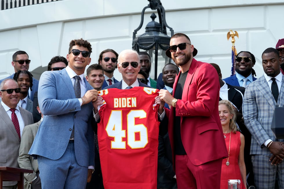 Kansas City Chiefs quarterback Patrick Mahomes and Kansas City Chiefs tight end Travis Kelce...