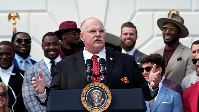 Kansas City Chiefs head coach Andy Reid speaks as President Joe Biden welcomes the Kansas City...