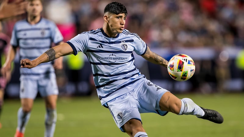 Sporting Kansas City forward Alán Pulido (9) attempts a shot on goal during the second half of...
