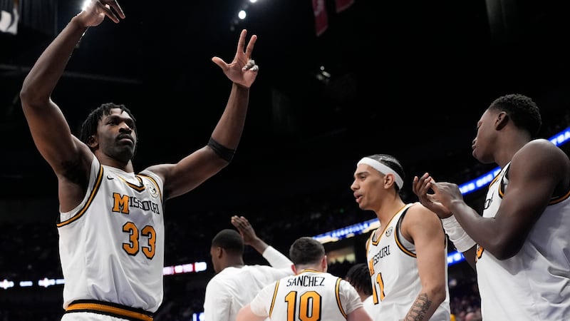 Missouri center Josh Gray (33) celebrates victory over Mississippi State after the second half...
