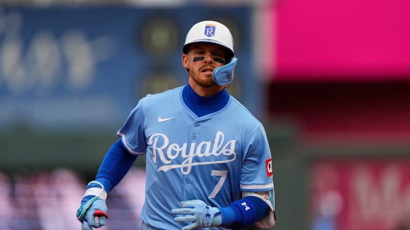 Kansas City Royals' Bobby Witt Jr. runs the bases after hitting a solo home run during the...