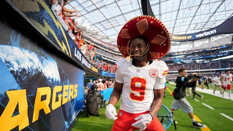 FILE - Kansas City Chiefs wide receiver JuJu Smith-Schuster celebrates following an NFL...