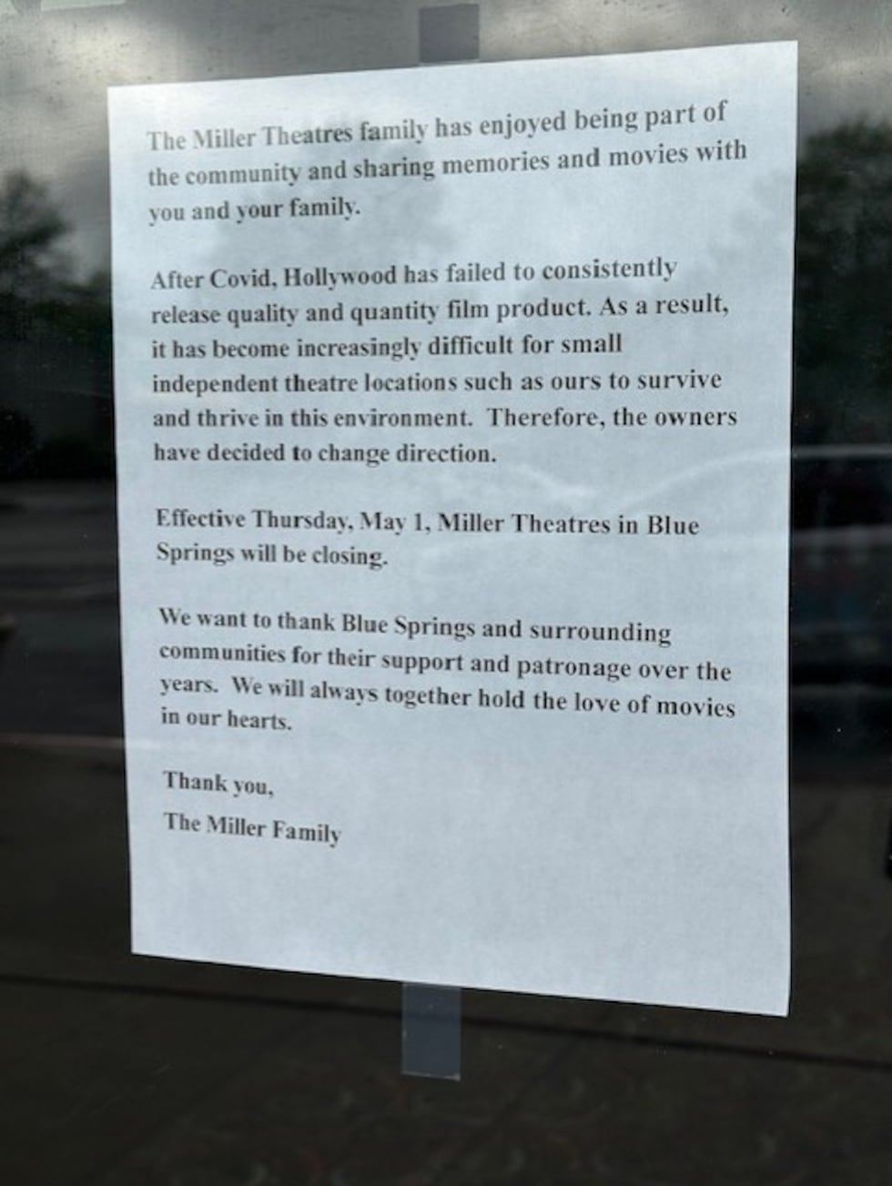 Miller Theater in Blue Springs announced it would close as of May 1, 2025.
