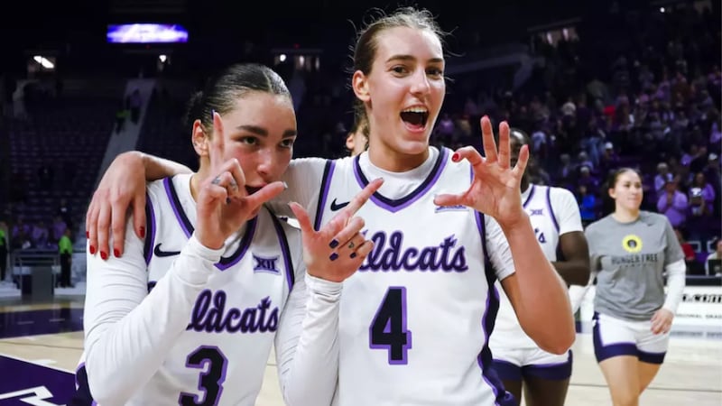 Kansas State guards Serena Sundell and Jaelyn Glenn following the win over Iowa State.