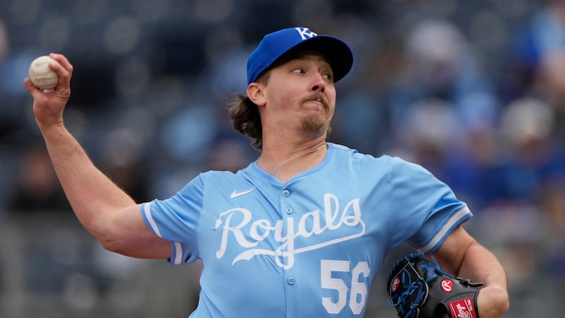 Kansas City Royals relief pitcher Hunter Harvey throws during the ninth inning of a baseball...