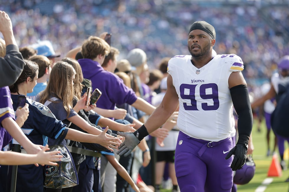 Minnesota Vikings defensive lineman Jerry Tillery (99) walks off the field prior to an NFL...