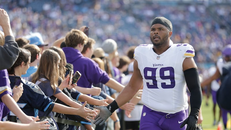 Minnesota Vikings defensive lineman Jerry Tillery (99) walks off the field prior to an NFL...