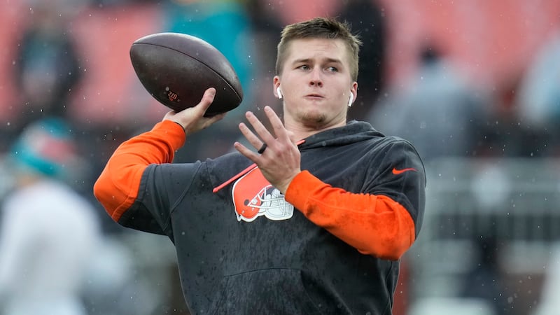 FILE - Cleveland Browns quarterback Bailey Zappe (2) warms up before an NFL football game...