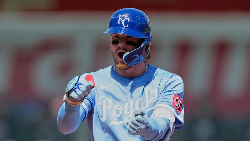Kansas City Royals' Bobby Witt Jr. celebrates on second after hitting a double during the...