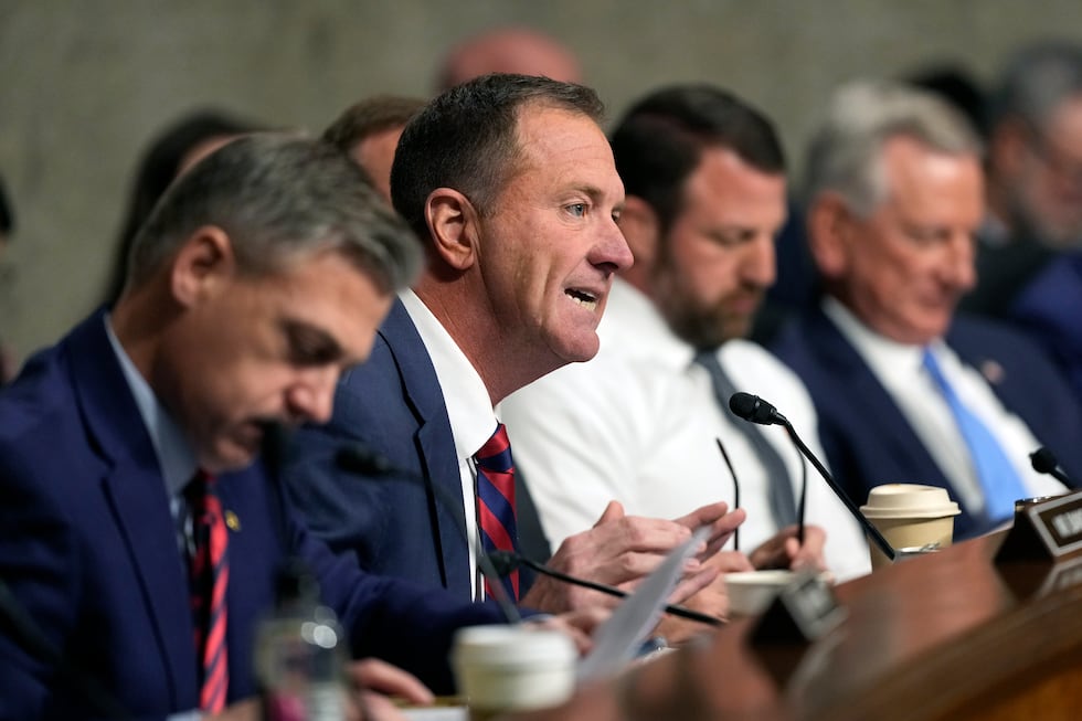 Sen. Eric Schmitt, R-Mo., speaks during the Senate Armed Services Committee confirmation...