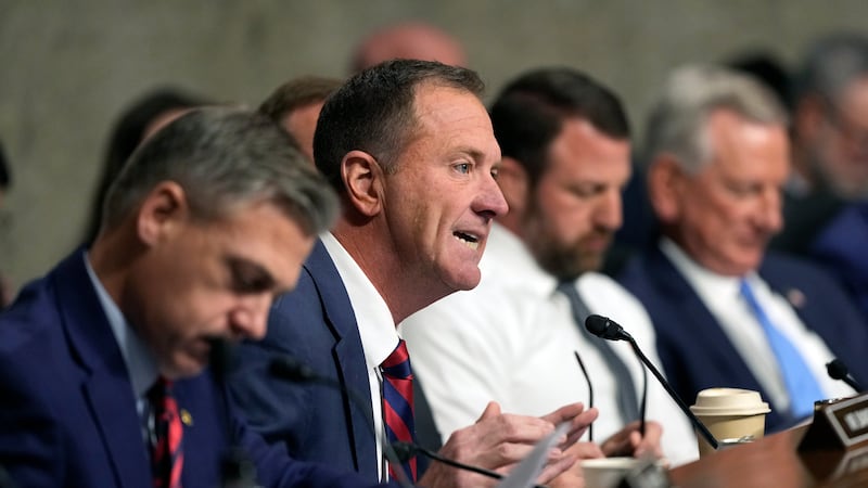 Sen. Eric Schmitt, R-Mo., speaks during the Senate Armed Services Committee confirmation...