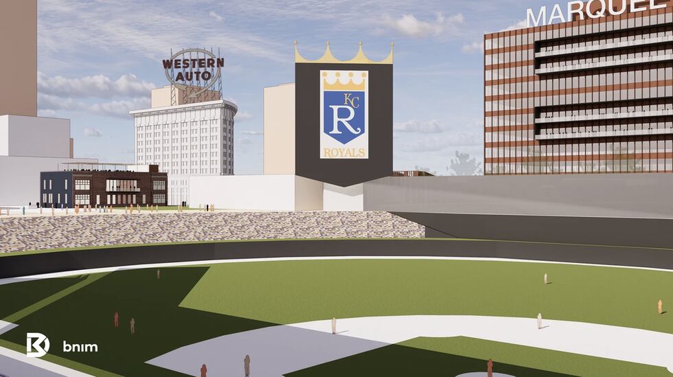 Graphic renderings of downtown baseball for the Royals at Washington Square Park near Kansas...