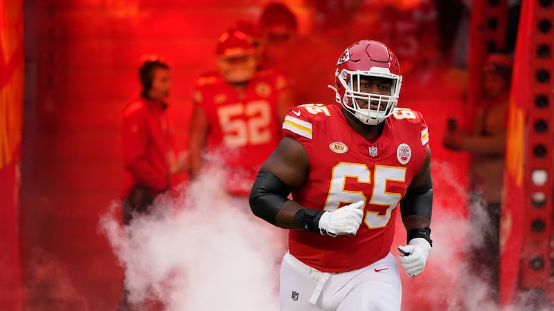 Kansas City Chiefs guard Trey Smith is introduced prior to a game against the Cincinnati...