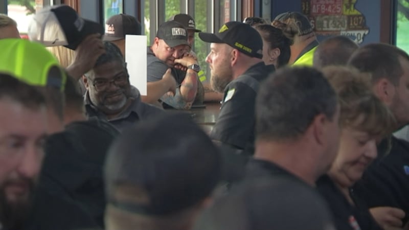 Safety yellow dominated a semi-private dining room at Saints Pub and Patio in Independence...