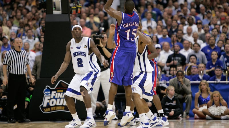 FILE - In this Monday, April 7, 2008, file photo, Kansas' Mario Chalmers shoots a 3-pointer to...
