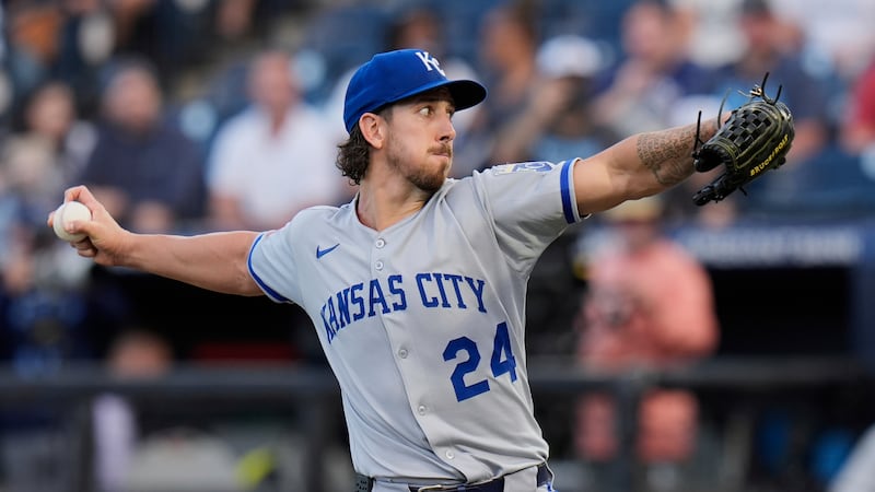 Kansas City Royals pitcher Michael Lorenzen (24) delivers to the Tampa Bay Rays during the...