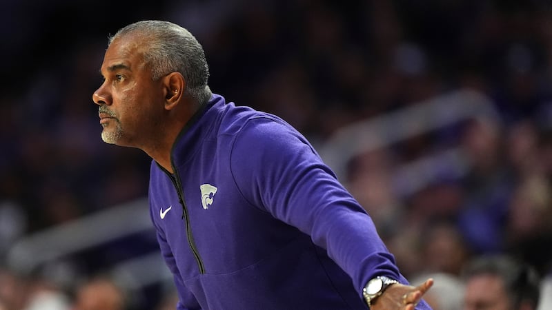 Kansas State head coach Jerome Tang watches during the first half of an NCAA college...