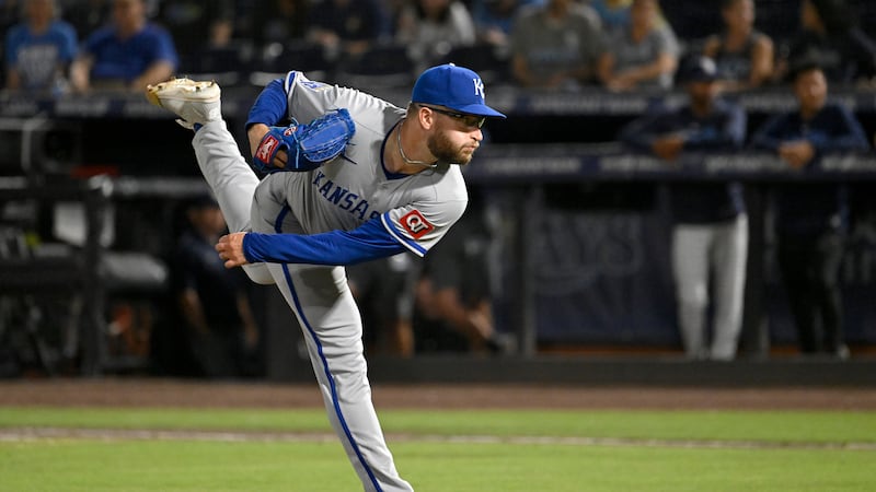 Kansas City Royals pitcher Noah Cameron throws during the sixth inning of a baseball game...