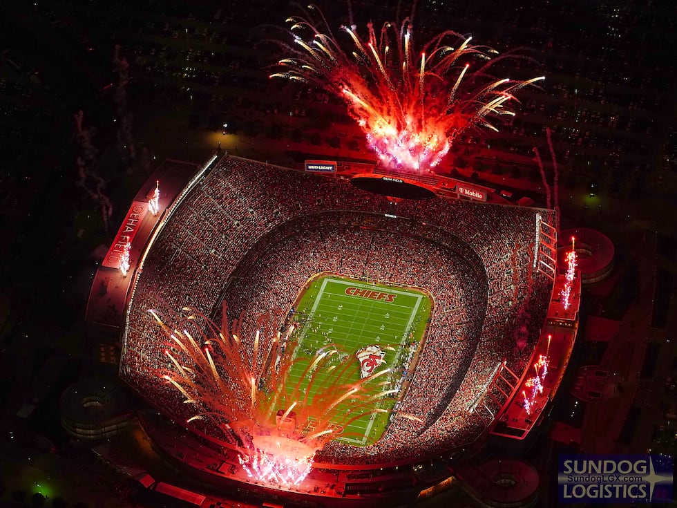 Sundog Logistics shared areal pictures of fireworks exploding around GEHA Field at Arrowhead...