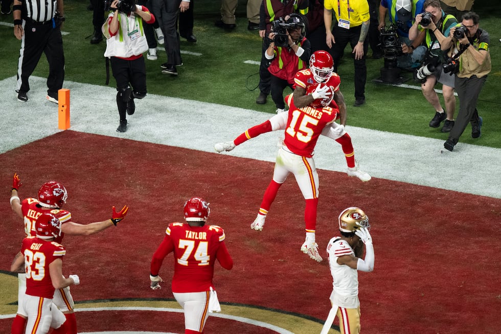 Kansas City Chiefs wide receiver Mecole Hardman Jr. (12) celebrates the game winning touchdown...