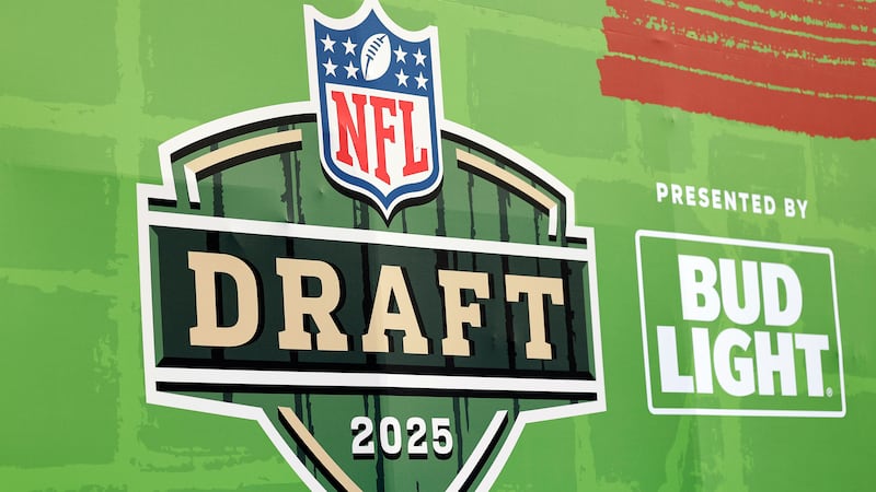 Draft logo near the stage ahead of the NFL football draft Wednesday, April 23, 2025, in Green...