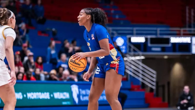 February 15, 2025 - guard S’Mya Nichols #12 of the Kansas Jayhawks during the game against...