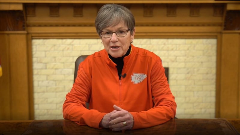 FILE — Kansas Governor Laura Kelly places sports bets on the Kansas City Chiefs on Feb. 9, 2023.