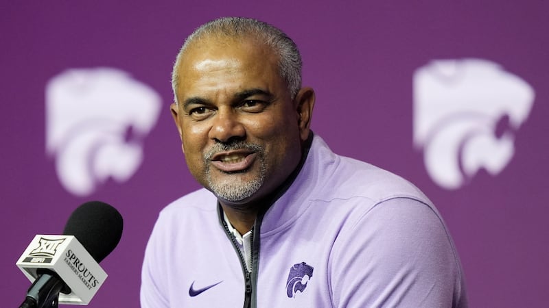 Kansas State head coach Jerome Tang addresses the media during the NCAA college Big 12 men's...