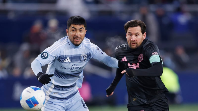 Sporting Kansas City midfielder Memo Rodríguez, left, and Inter Miami forward Lionel Messi...