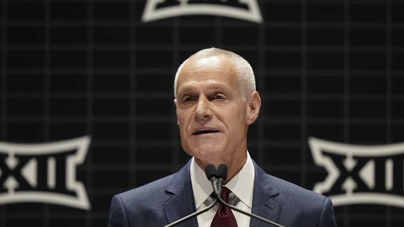 FILE - Big 12 Commissioner Brett Yormark addresses the media, Oct. 17, 2023, in Kansas City, Mo.