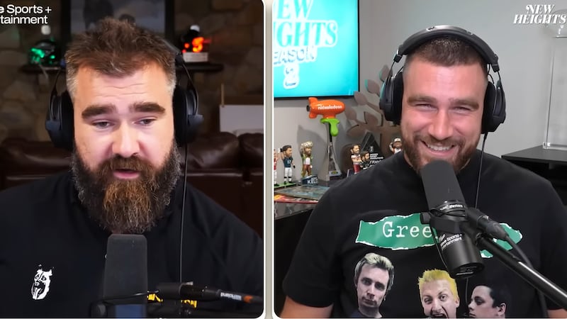 FILE - Jason (left) and Travis Kelce on their New Heights podcast in an episode released on...
