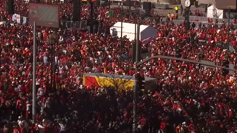 A medical triage tent at the 2024 Super Bowl parade for the Kansas City Chiefs.