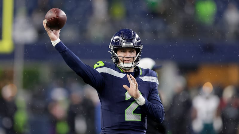 Seattle Seahawks quarterback Drew Lock works out prior to an NFL football game against the...