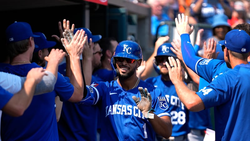 Kansas City Royals' MJ Melendez (1) celebrates his three-run home run against the Detroit...