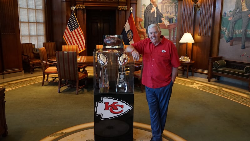 Missouri Governor Mike Parson poses with the Kansas City Chiefs Super Bowl LVII and LVIII...