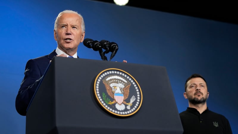 FILE - President Joe Biden, left, joined by President of Ukraine Volodymyr Zelenskyy, speaks...