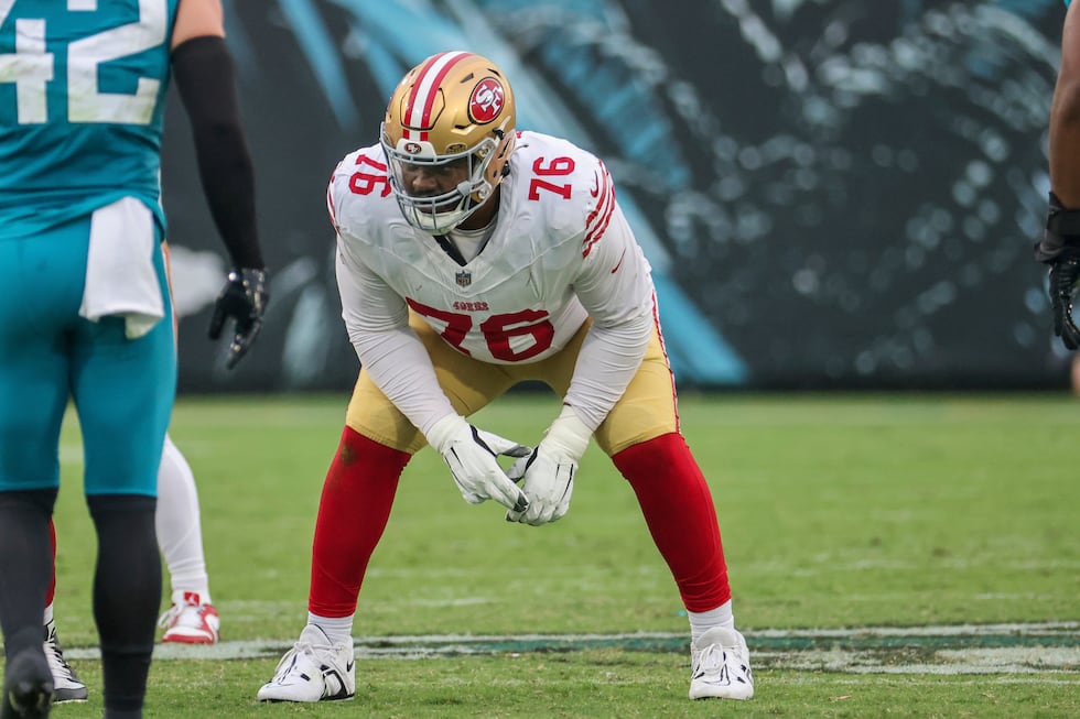 San Francisco 49ers guard Jaylon Moore (76) readies himself during a NFL football game,...
