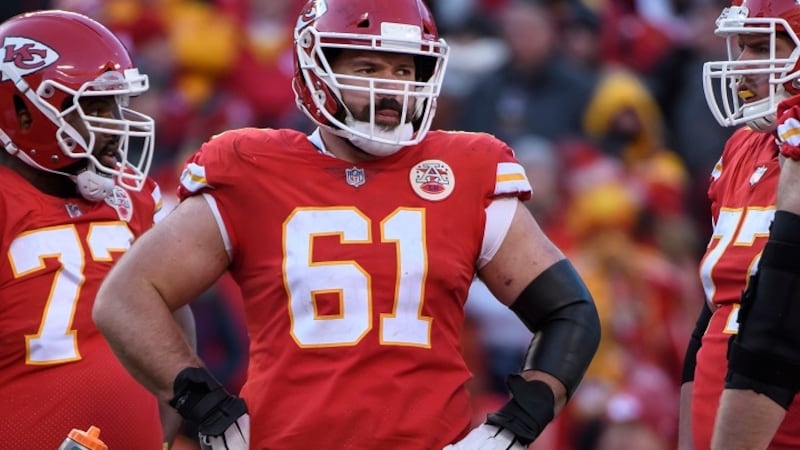 Kansas City Chiefs center Mitch Morse (61) during an NFL football game against the Baltimore...