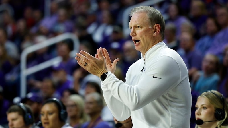 Kansas State head coach Jeff Mittie reacts during the second half of an NCAA college...
