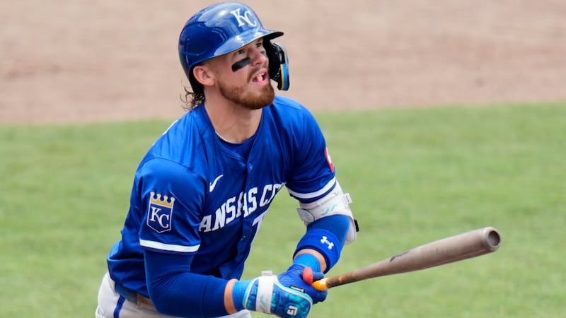 Kansas City Royals' Bobby Witt Jr. watches his two-run home run off Tampa Bay Rays pitcher...